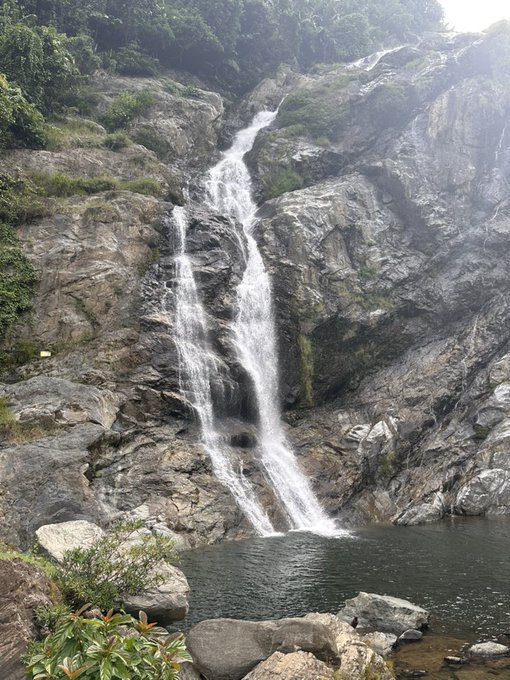 A powerful waterfall cascades down a rocky cliff face into a dark pool below, framed by lush green vegetation. The image metaphorically mirrors the post's message of transitions and new directions—much like water finding its way through rugged terrain, professionals are carving new paths by pivoting to platforms like 𝕏 amid shifting job landscapes.