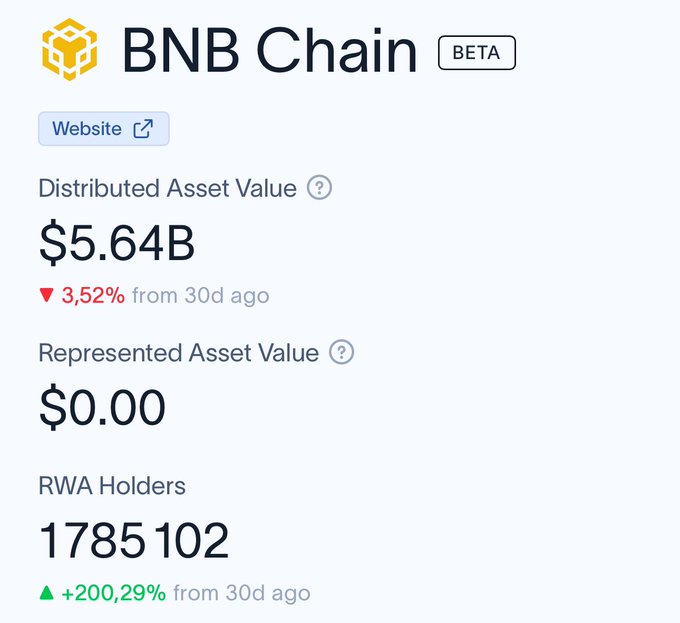 A BNB Chain (BETA) dashboard screenshot showing Distributed Asset Value of $5.64B (down 3.52% from 30d ago), Represented Asset Value of $0.00, and RWA Holders at 1,785,102 (up +200.29%).
