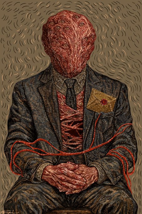A surreal illustration of a seated figure in a gray suit and tie, whose head and exposed chest are covered in numerous eyes and red tendrils, with a sealed yellow envelope in the breast pocket.