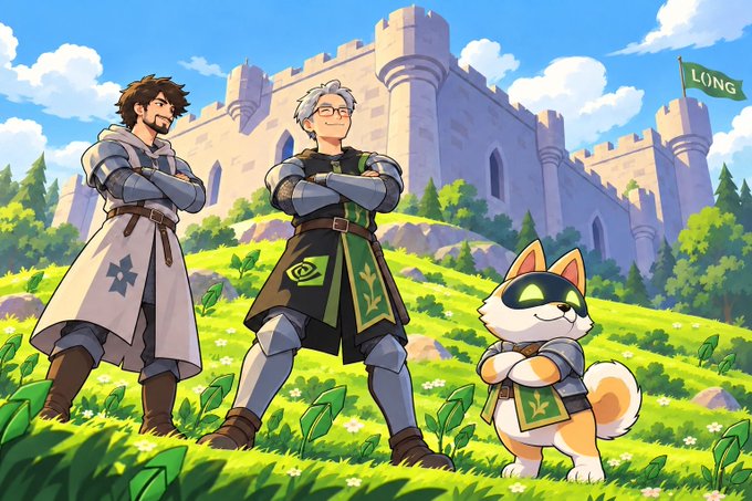 Two armored knights and a confident cat stand guard before a castle flying a "LONG" flag, symbolizing steadfast bullish conviction and fortified investment positions. The image visually reinforces the post's theme of holding long positions in robust, moat-protected assets like NVIDIA and the broader AI economy.