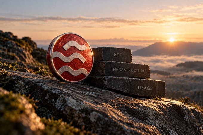 A red circular token with wavy white lines rests against stacked stone blocks labeled 'ETF', 'INFRASTRUCTURE', and 'USAGE' on a rocky mountainside at sunset.
