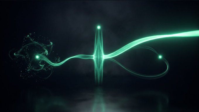 A digital artwork showing glowing green light streams and orbs swirling around a vertical luminous pillar against a dark background.