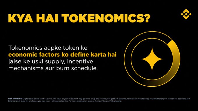 A black and yellow infographic titled "KYA HAI TOKENOMICS?" explains that tokenomics defines a token's economic factors like supply, incentive mechanisms, and burn schedule, with a circular Binance-style logo on the right and a risk warning at the bottom.