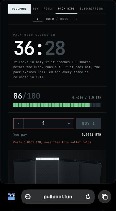 Mobile screenshot of pullpool.fun showing a pack called '0010' with 86/100 shares filled, locking in 36:28, priced at 0.4386 of 0.5 ETH.
