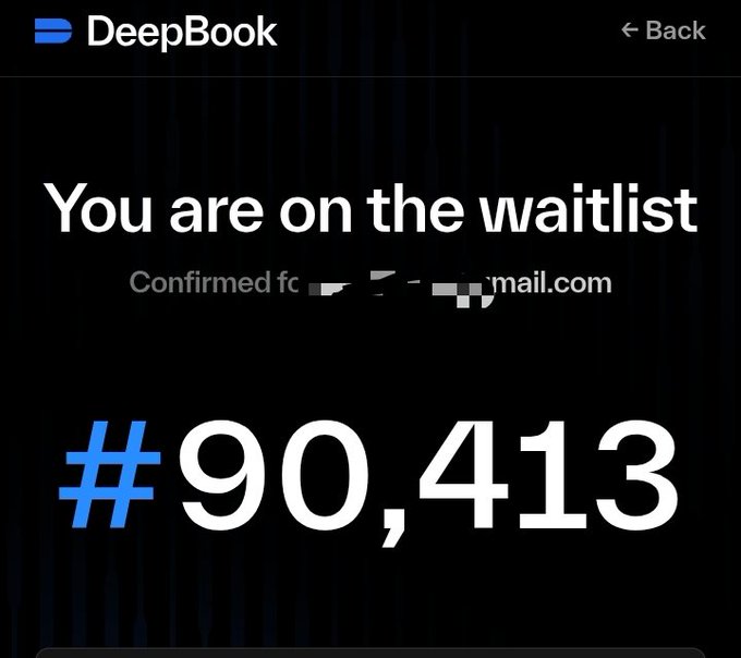 A screenshot of the DeepBook waitlist confirmation page showing the user has secured position #90,413 after joining the @DeepBookonSui waitlist for the $SUI-backed DeFi protocol.