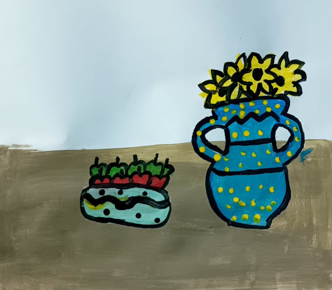 A painting featuring a blue vase decorated with yellow dots and sunflowers alongside a sushi-style piece, set against a grayish background.
