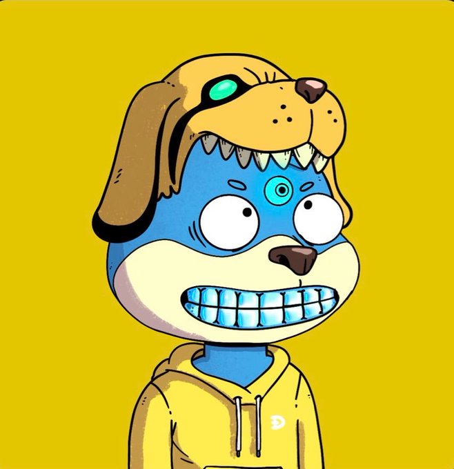 urn of gold with a blue face and green eyes, wearing a yellow hoodie and blue jacket against a yellow background.