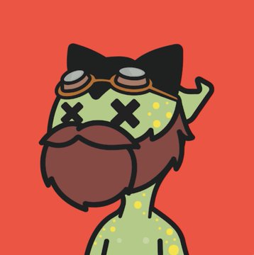 A cartoon illustration of a green, spotted character with a large brown beard, X's for eyes, and steampunk goggles perched on its head against a red background.