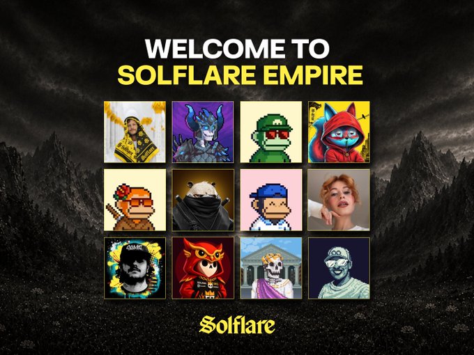 This promotional graphic for "Solflare Empire" features the headline "WELCOME TO SOLFLARE EMPIRE" above a grid of various pixelated and illustrated avatars against a dark mountain landscape. The image celebrates the community mentioned in the post, visually representing the diverse members that make up the Solflare ecosystem.