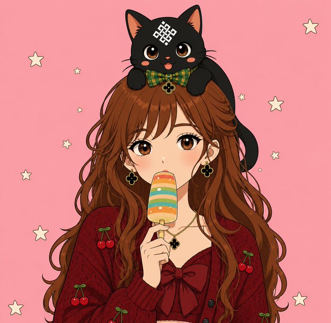 An anime-style illustration of a brown-haired girl with large eyes eating a rainbow popsicle, wearing a red cardigan with cherry patterns and a black cat with a green bowtie on her head, set against a pink starry background.