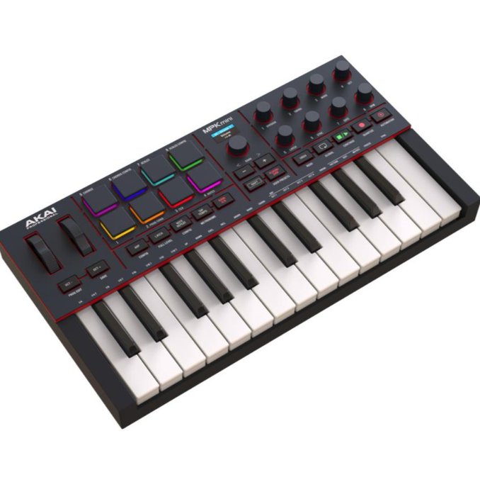 An AKAI MPK mini MIDI keyboard controller featuring 25 keys, 8 drum pads, and multiple knobs, shown against a white background.