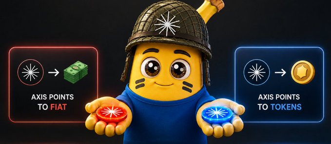 A 3D animated character wearing a military helmet holds two buttons labeled 'AXIS POINTS TO FIAT' and 'AXIS POINTS TO TOKENS'.