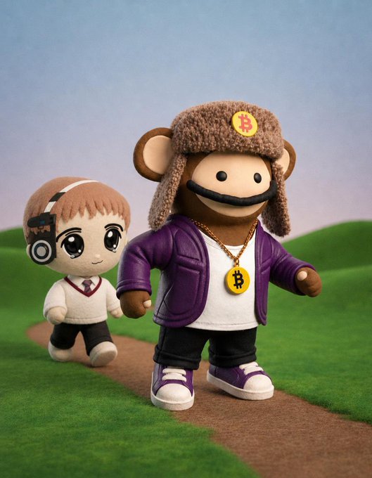 Two plush toy figures—a smaller character with headphones and a larger bear-like figure wearing a furry hat, purple jacket, and a Bitcoin "₿" medallion necklace—walk together along a grassy path, symbolizing friendship and collaboration in the crypto space. The Bitcoin symbol on the medallion and hat directly ties into the post's theme of onchain opportunities and supporting friends in the web3 community.