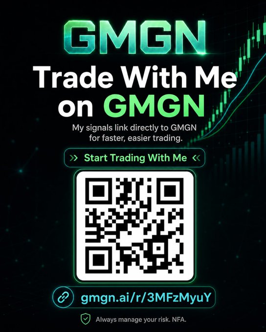A promotional graphic for GMGN featuring the text 'Trade With Me on GMGN,' a QR code, and the link gmgn.ai/r/3MFzMyuY.