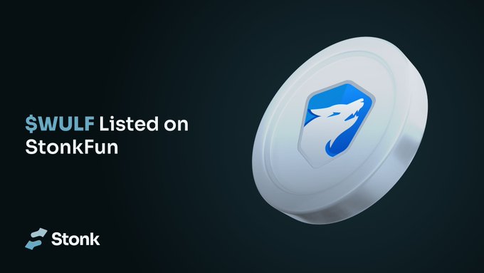 A promotional graphic featuring a white 3D coin with a blue wolf logo announces "$WULF Listed on StonkFun," with the Stonk brand logo displayed in the bottom left corner against a dark background.