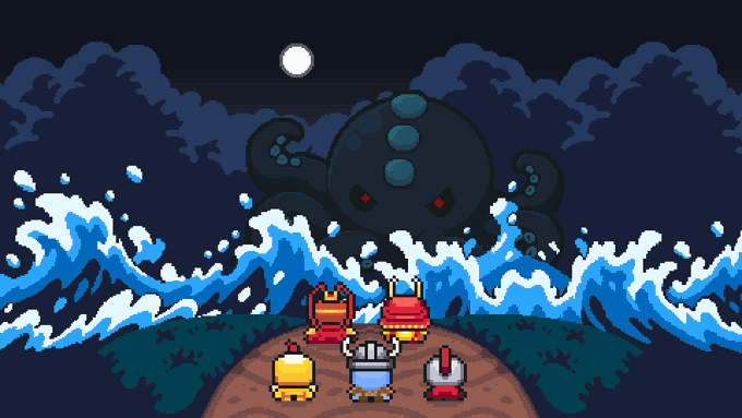 Pixel art scene showing small warrior characters facing a giant shadowy monster with glowing red eyes rising from stormy ocean waves under a full moon.