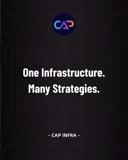 A dark-themed promotional graphic with a perspective grid background, displaying the 'CAP' logo and the text 'One Infrastructure. Many Strategies. - CAP INFRA -'.