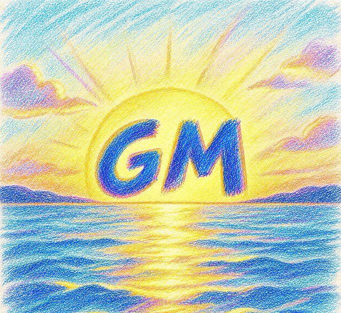 A colorful colored pencil drawing of a sunset over the ocean with the letters 'GM' prominently displayed in the sun.