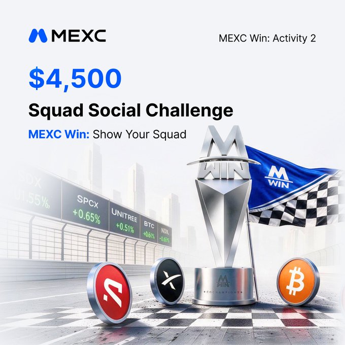 MEXC Win promotional graphic for a '$4,500 Squad Social Challenge' featuring a silver trophy, MEXC Win flag, and cryptocurrency coins (AVAX, XRP, BTC).
