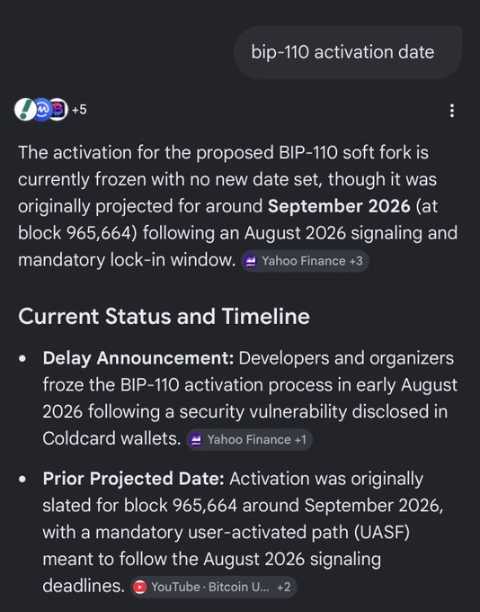A screenshot of a Google search result for 'bip-110 activation date', displaying text explaining that the activation is currently frozen with no new date set.