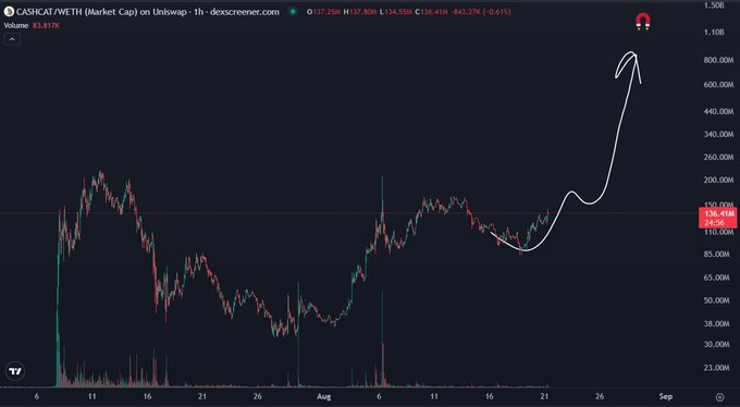 A candlestick chart of $CASHCAT/WETH market cap on Uniswap (1h timeframe) is shown, currently at 134.55M with a 0.01% change and volume of 83.517B, featuring a white hand-drawn arrow drawn over the price action pointing sharply upward from around August 21st toward 600M+ to predict a parabolic breakout—visually reinforcing the post's skeptical yet hopeful "Do you bullieve it yet?" question about believing in further upside.