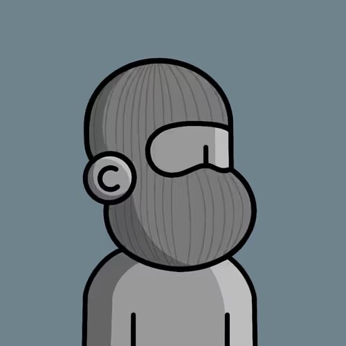 A minimalist cartoon illustration shows a gray-suited figure wearing a VR headset or visor against a muted blue-gray background.