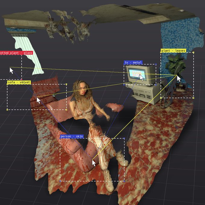 A 3D modeling software interface displays a fragmented scene of a room, including a woman, a sofa, a television, and a potted plant, with yellow and blue bounding boxes labeling the objects.