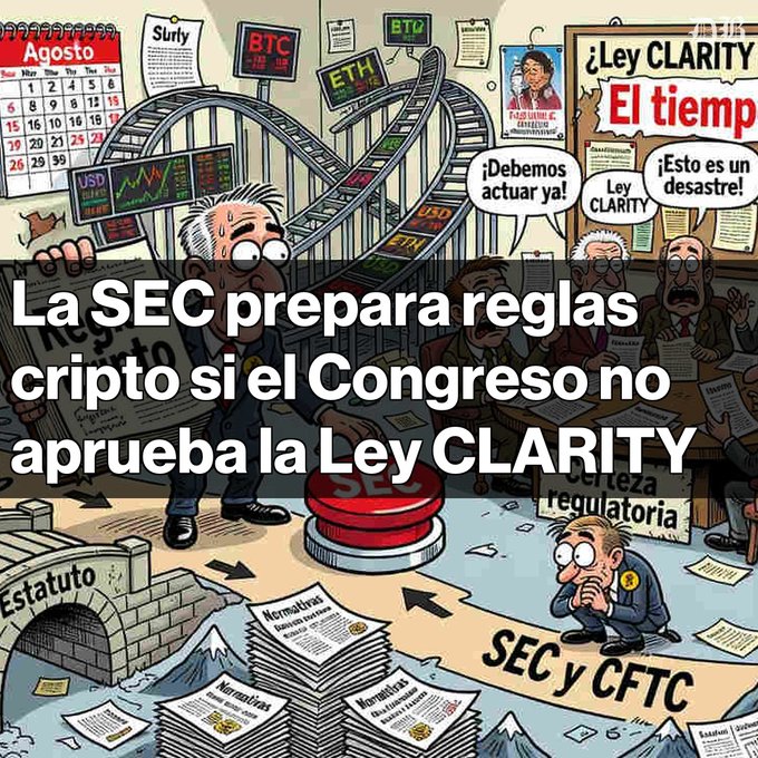 A cartoon illustration with Spanish text 'La SEC prepara reglas cripto si el Congreso no aprueba la Ley CLARITY,' depicting distressed regulators and chaotic cryptocurrency scenes with BTC and ETH signs.