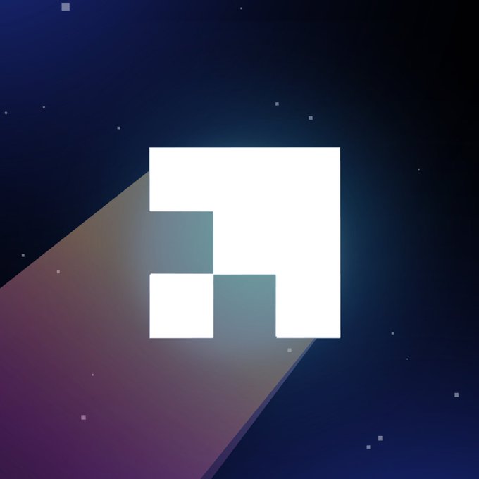An abstract digital image featuring a white geometric square logo with cutouts against a dark blue, starry background with a pinkish gradient beam.