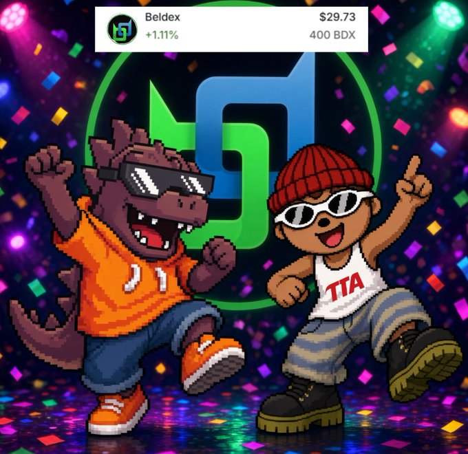 A colorful promotional graphic shows two cartoon dancers in sunglasses dancing in front of a neon “BD” logo, with confetti and a top banner reading “Beldex,” “$29.73,” “+1.11%,” and “400 BDX.”