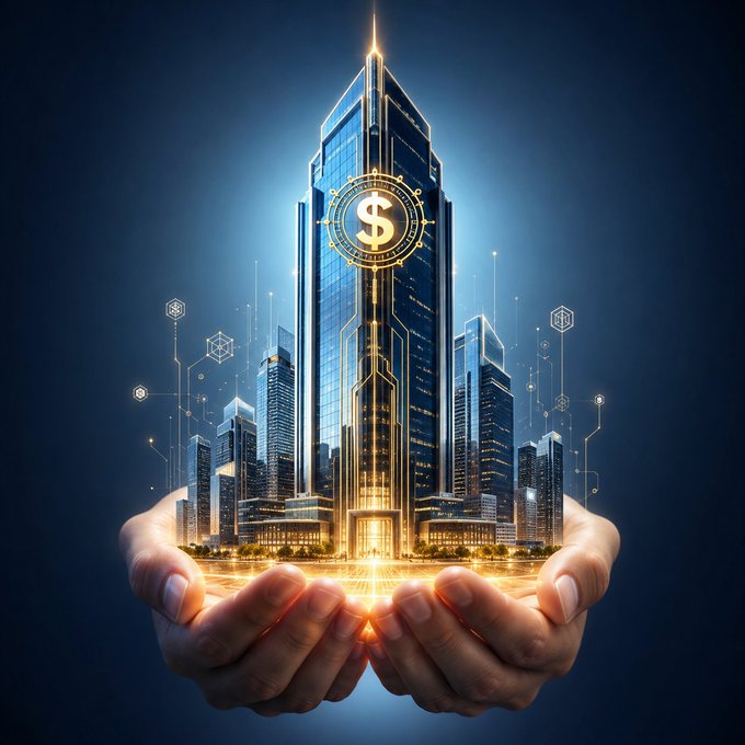 A digital illustration of two hands holding a glowing miniature futuristic city, with a central skyscraper displaying a golden dollar sign and blockchain/crypto network graphics floating around the buildings.