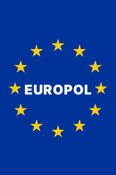 The image displays the Europol logo, featuring the word "EUROPOL" in white text on a blue background, surrounded by a circle of yellow stars resembling the European Union flag design. The logo accompanies a post warning that Bitcoin and crypto wallet keys face potential quantum computing risks, particularly for exposed public keys.