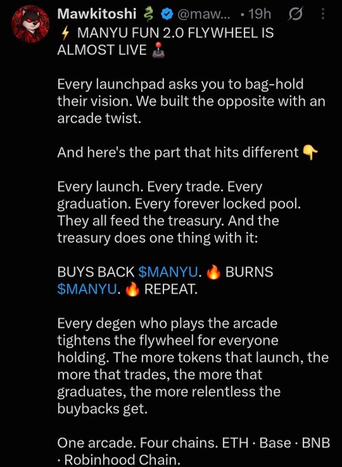 A tweet from Mawkitoshi (@mawkitoshi) announcing the upcoming launch of the "MANYU FUN 2.0 FLYWHEEL," which features a buyback and burn mechanism for $MANYU across ETH, Base, BNB, and Robinhood Chain.