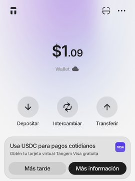 A mobile wallet screen showing a balance of $1.09 with buttons in Spanish for "Depositar" (Deposit), "Intercambiar" (Swap), and "Transferir" (Transfer), along with a USDC/Tangem Visa card promotion.