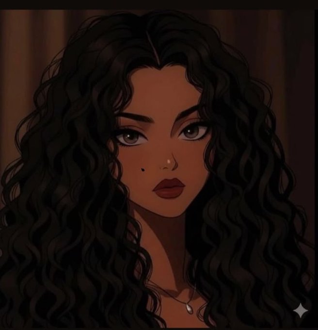 A digital illustration of a woman with long curly dark hair, brown eyes, and a small beauty mark on her cheek, gazing directly at the viewer against a warm brown background. The stylized portrait complements the warm, welcoming vibe of the "GM frens Happy Tuesday" greeting in the accompanying post.