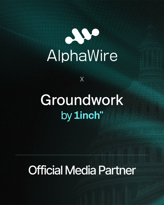 A dark green promotional image with a faint Capitol dome silhouette, displaying "AlphaWire x Groundwork by 1inch" and "Official Media Partner" text with a logo at the top.