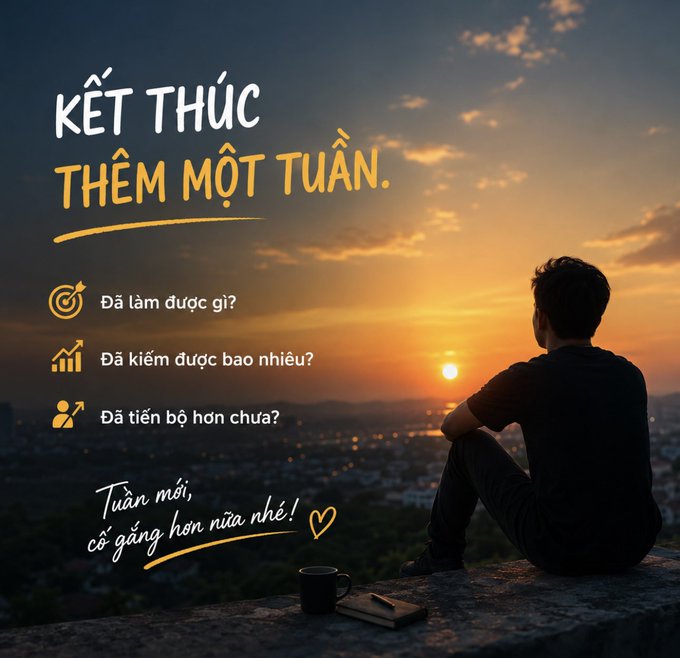A motivational Vietnamese poster featuring a man watching a sunset, with text 'KẾT THÚC THÊM MỘT TUẦN' (End of another week) and reflective questions about accomplishments, earnings, and progress.