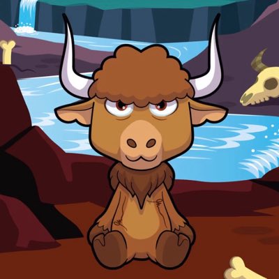 A cartoon illustration of a brown, fluffy yak-like creature with large horns sitting in a cave with bones nearby.