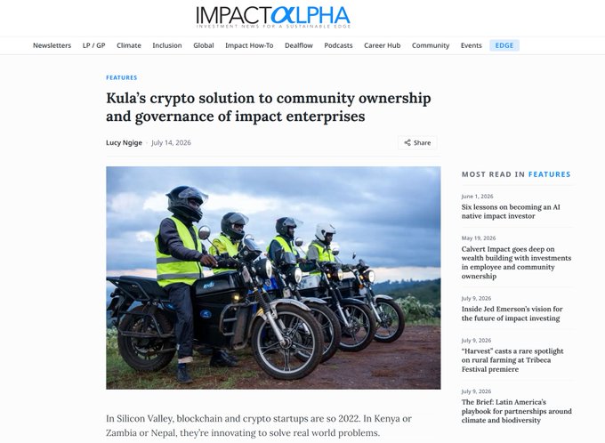 An Impact Alpha article titled 'Kula's crypto solution to community ownership and governance of impact enterprises' by Lucy Ngige, dated July 14, 2026, featuring a photo of four people in yellow vests sitting on motorcycles.