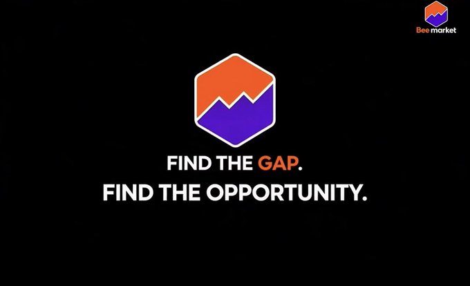 A minimalist black promotional graphic for 'Bee market' featuring an orange and purple hexagonal logo with the tagline 'FIND THE GAP. FIND THE OPPORTUNITY.'