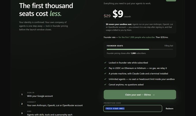 A dark-themed pricing page advertises "The first thousand seats cost *less.*" with a founder rate of $9/month (down from $29) for Anthropic, OpenAI, J.AI, or OpenRouter-powered agents, featuring a "Claim your seat — $9/mo" button alongside the promo code "FREEX-93W9-00E1" being entered. The promotional offer aligns with the SkateChain launch, offering discounted agent subscriptions before the founder pricing closes at 1,000 subscribers.