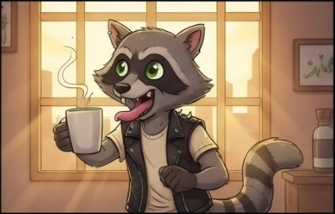An animated illustration of an anthropomorphic raccoon character wearing a leather vest, enthusiastically holding a steaming white mug in a sunlit room.