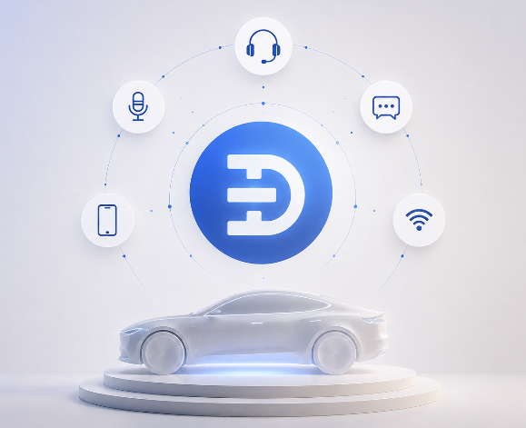 A sleek white car sits on a pedestal beneath a glowing "D" logo, surrounded by floating icons representing headphones, microphone, chat, smartphone, and Wi-Fi—visually conveying Dtec AI Network's vision of turning ordinary vehicles into connected, smart-mobility devices through a single piece of hardware.