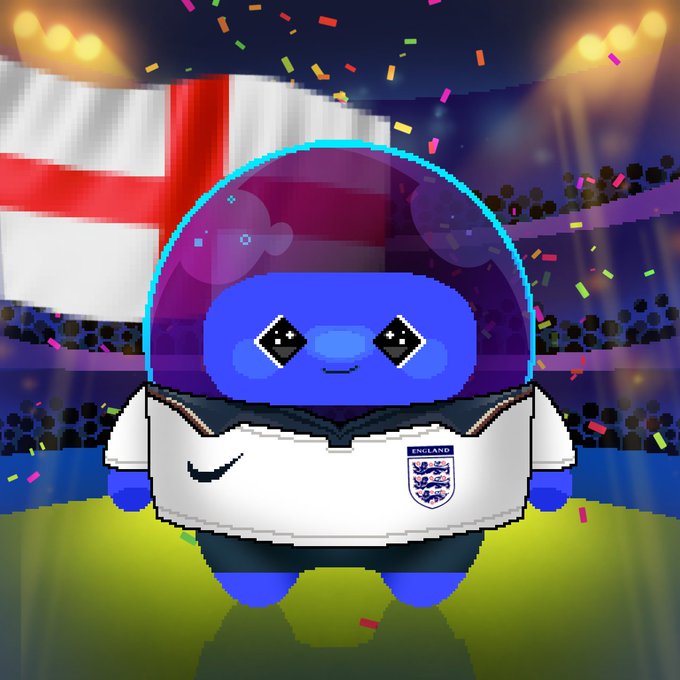 The image features a blue cartoon character wearing a white jersey with red lettering, standing against a dark background that includes confetti and lights. The character appears to be a robot or a mascot from the Dlicom World Cup Collection, which is an art project by a creator named @DlicomApp. The post suggests that England is the next country in line for the Dlicom World Cup collection, as it is one of the countries listed on the post.
