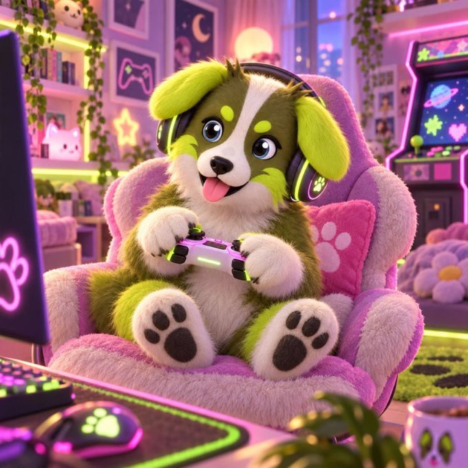 An illustrated image of a cute green and white cartoon puppy wearing gaming headphones, sitting in a pink gaming chair and holding a controller in a colorful neon-lit gaming room.