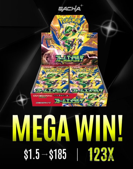A promotional advertisement from 'EACHA+' celebrating a 'MEGA WIN!' on Pokemon card packs, showing a 123X return from $1.5 to $185 with Japanese text on the card boxes.