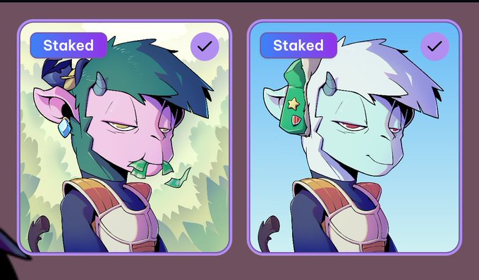 Two character profile cards labeled "Staked" featuring a purple-skinned, horned demon-like figure, shown with different color variations (green hair vs. white hair).