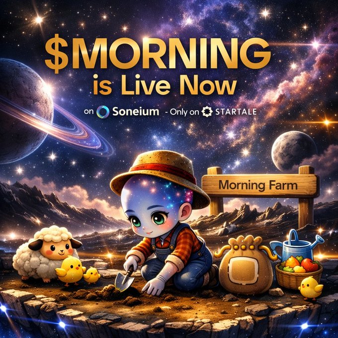 A promotional graphic for '$MORNING is Live Now' on the Soneium blockchain (only on STARTALE) features a cute 3D character with a starry galaxy head planting a 'Morning Farm' alongside a sheep, chicks, and a basket of fruit in a cosmic landscape.