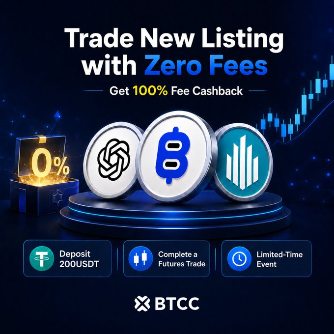 The image features a poster for trading new listing tokens with zero fees, which includes three different coins displayed against a blue background. The text on the poster highlights that these coins can be used as payment for listing services or as part of a cashback program. The poster also mentions that there is an event happening in the United States and encourages users to participate by depositing 200 USDT tokens.