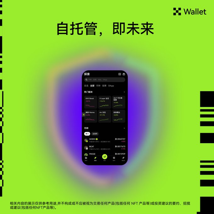 A promotional graphic with a neon green background displays Chinese text '自托管，即未来', a 'Wallet' logo, and a smartphone showing a crypto app interface.